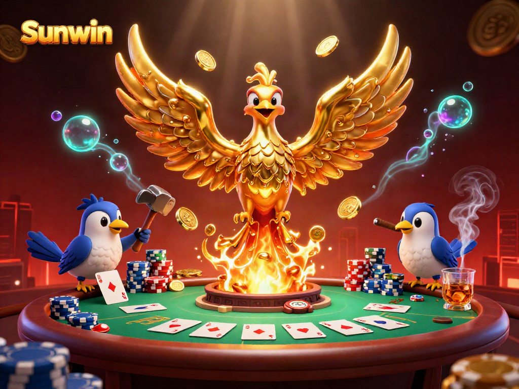 Experience thrilling moments at Sunwin with a vibrant casino scene showcasing poker action and golden winnings.