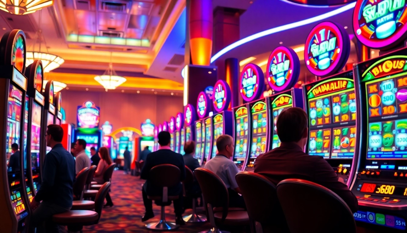 Permainan slot menarik dengan pemain menikmati suasana kasino yang ceria.