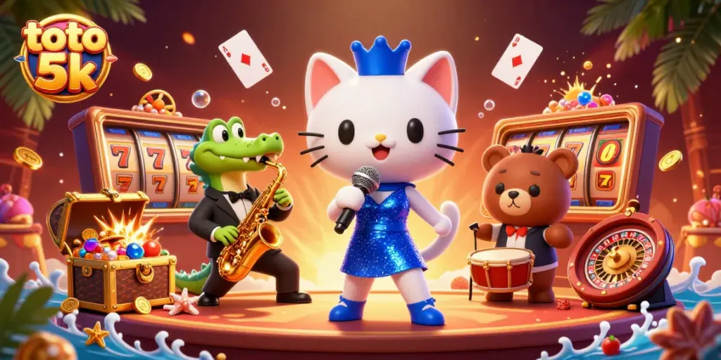 Toto 5k mengajak Anda merasakan kemeriahan kasino dengan slot, kartu bermain, dan karakter lucu yang beraksi.
