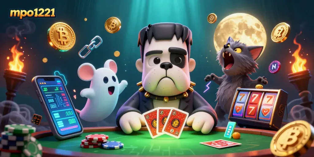 MPO1221 menampilkan segala keseruan kasino dengan anjing Frankenstein 3D, si kucing werewolf, dan elemen slot yang memikat.