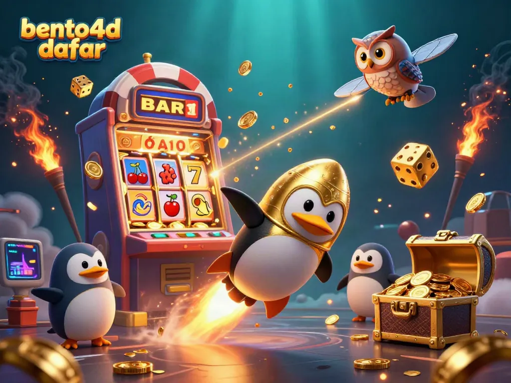 Experience exciting wins with bento4d daftar, featuring a golden penguin and jackpot slot machine.