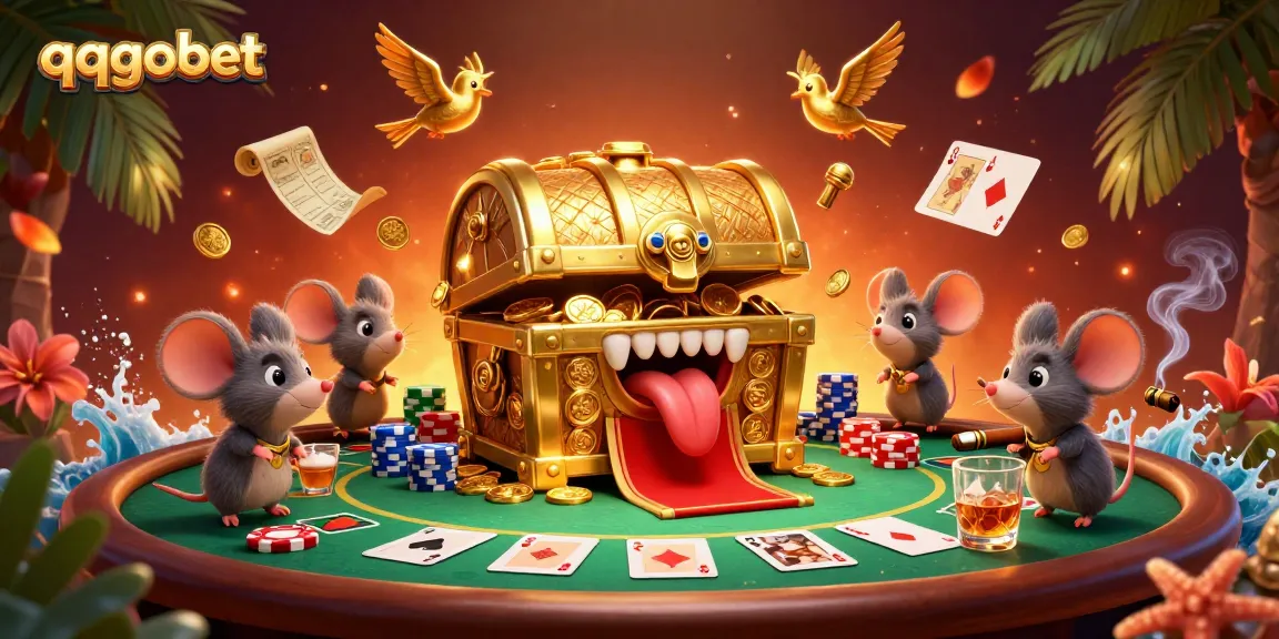 qqgobet menarik pemain dengan peti harta karun penuh harta dan meja poker yang menawan.