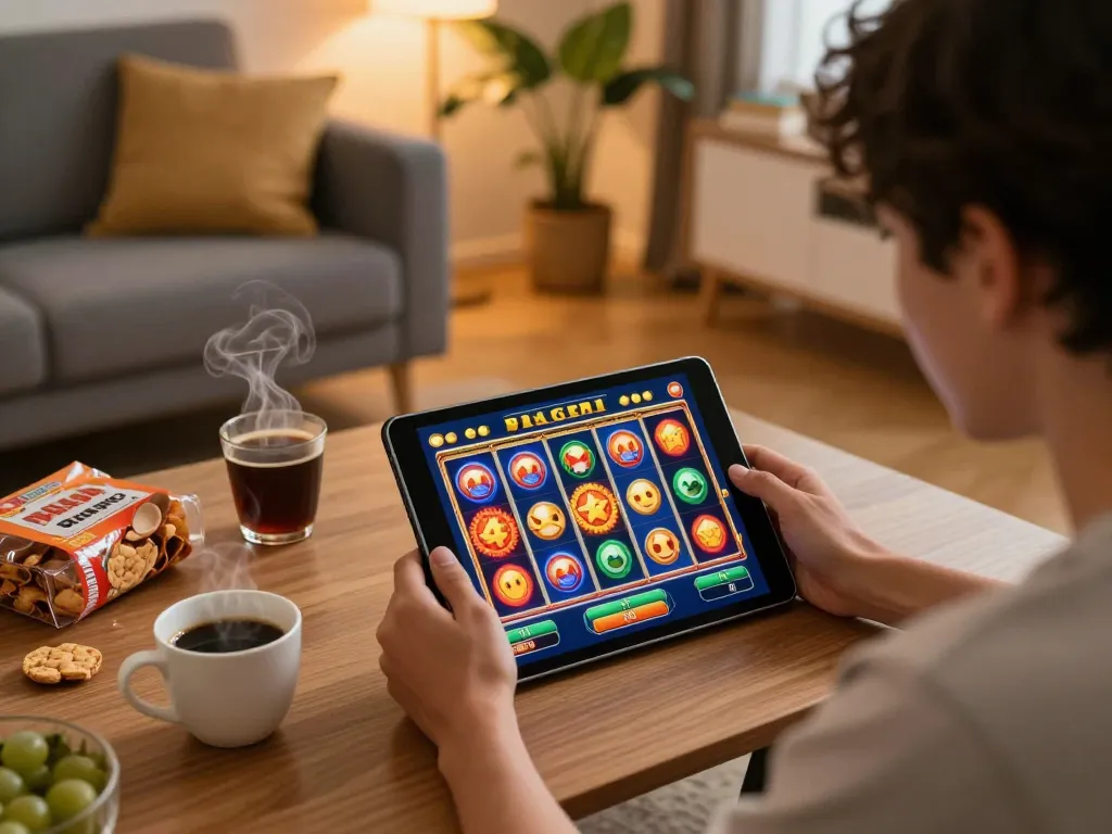 Engaged player enjoying a slot game on UG DEWA during a cozy home session.