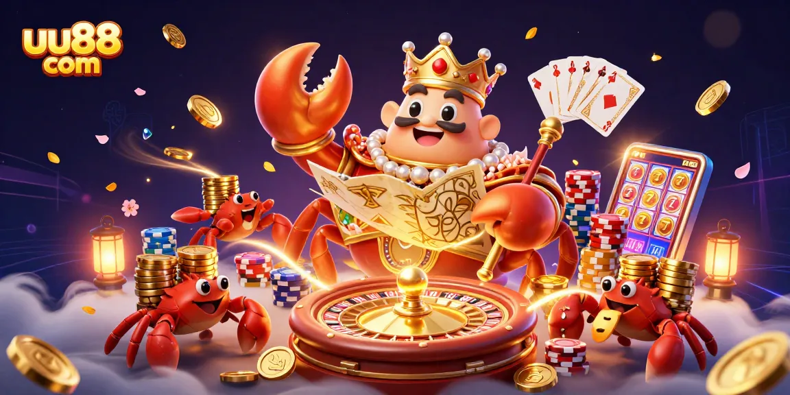 Engage in thrilling gameplay at uu88 com, featuring stunning 3D casino elements with a golden crab and rich jewels.