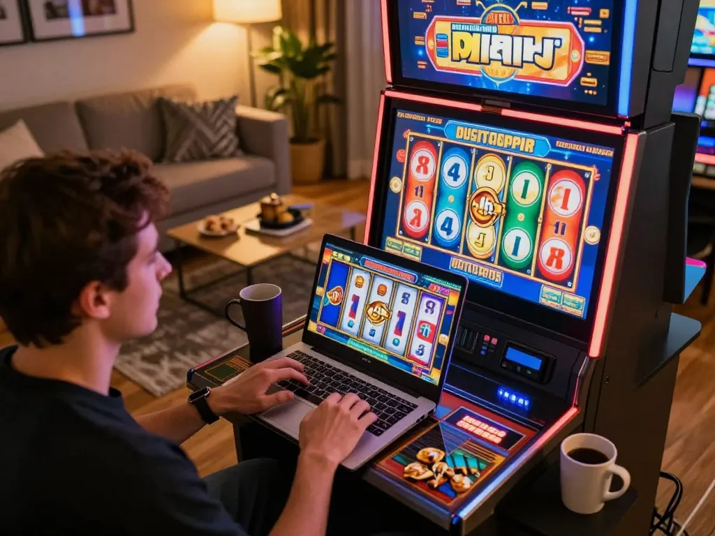 Player enjoying SIS4D online slots on laptop, showcasing exciting gameplay and strategic winning potential