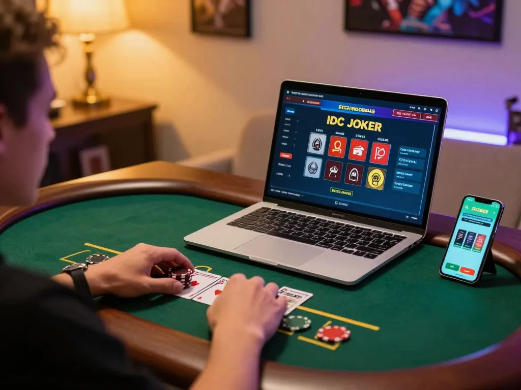 IDCJOKER user enjoying a live dealer blackjack game from home in a lively online gaming setup.