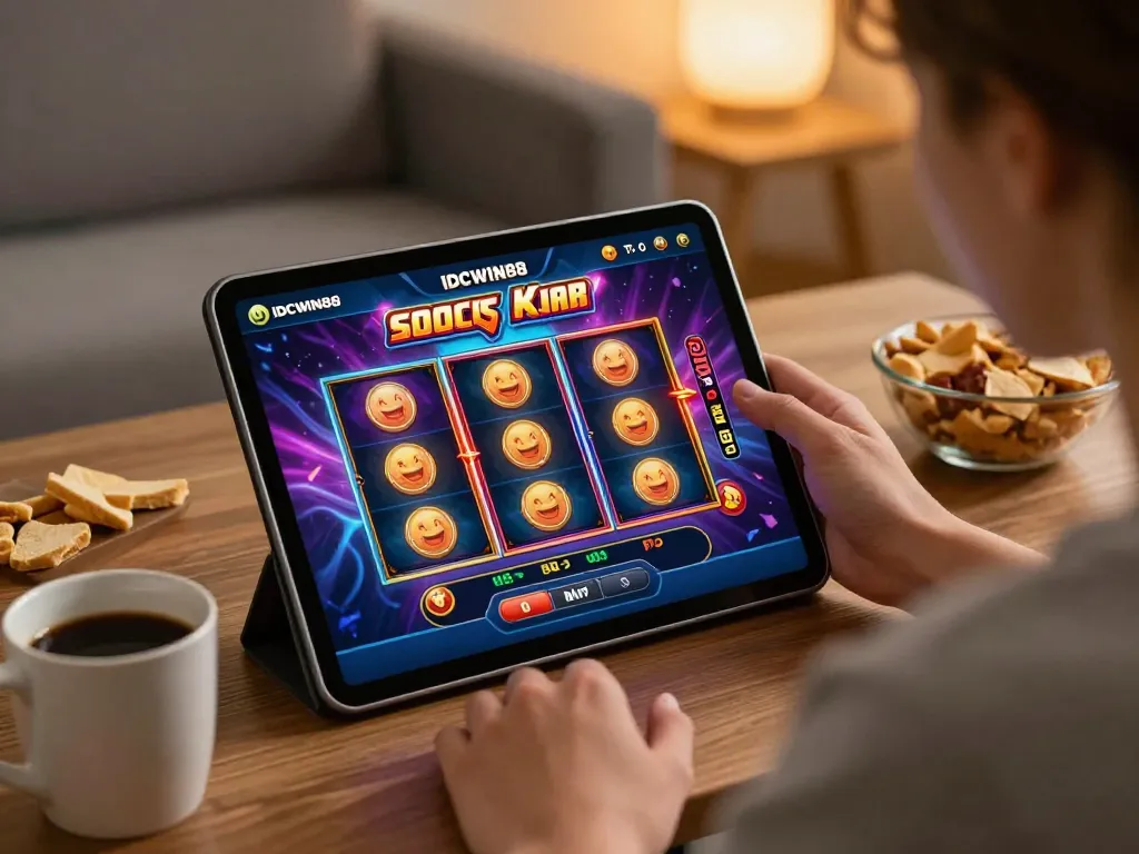 Enjoy thrilling gameplay on IDCWIN88's social slot games with a vibrant tablet display in a cozy setting.