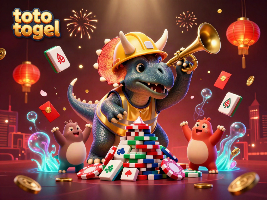 Experience the thrill of toto togel with a cheerful scene of cartoon dinosaurs celebrating at a casino.