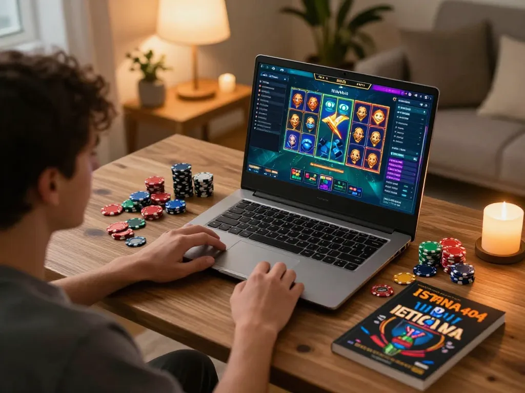Engaging in ISTANA404 online gaming with a laptop, showcasing strategy and excitement