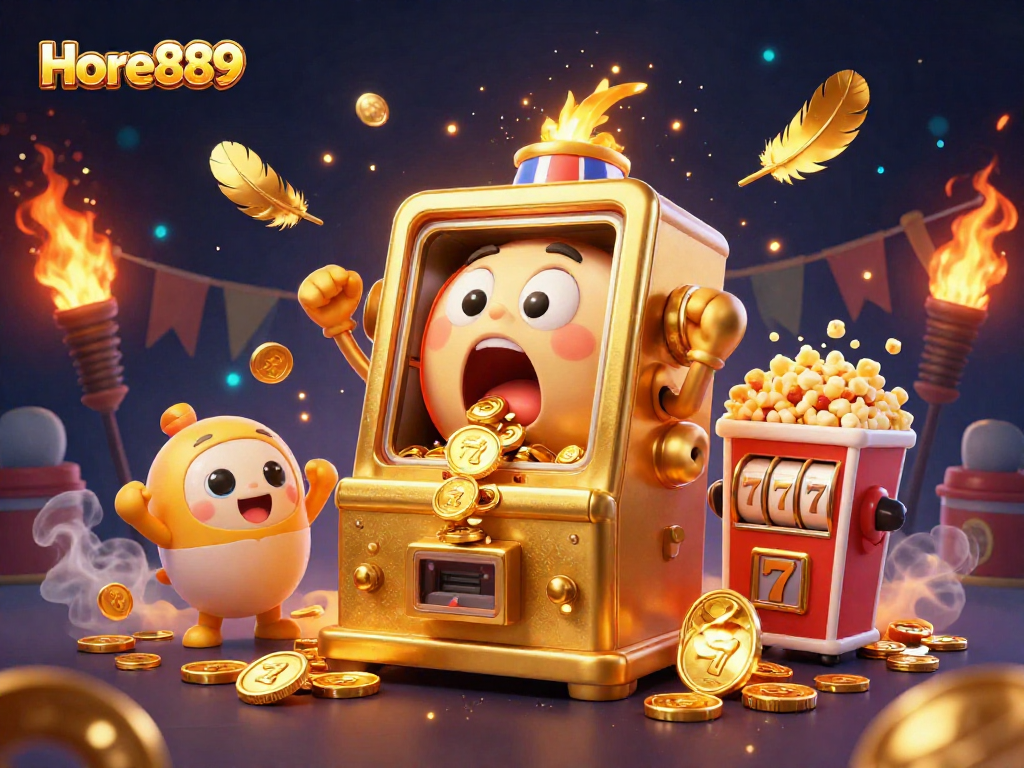 Experience big wins at Hore889 with a joyful slot machine celebrating its jackpot amidst swirling coins and festive elements.