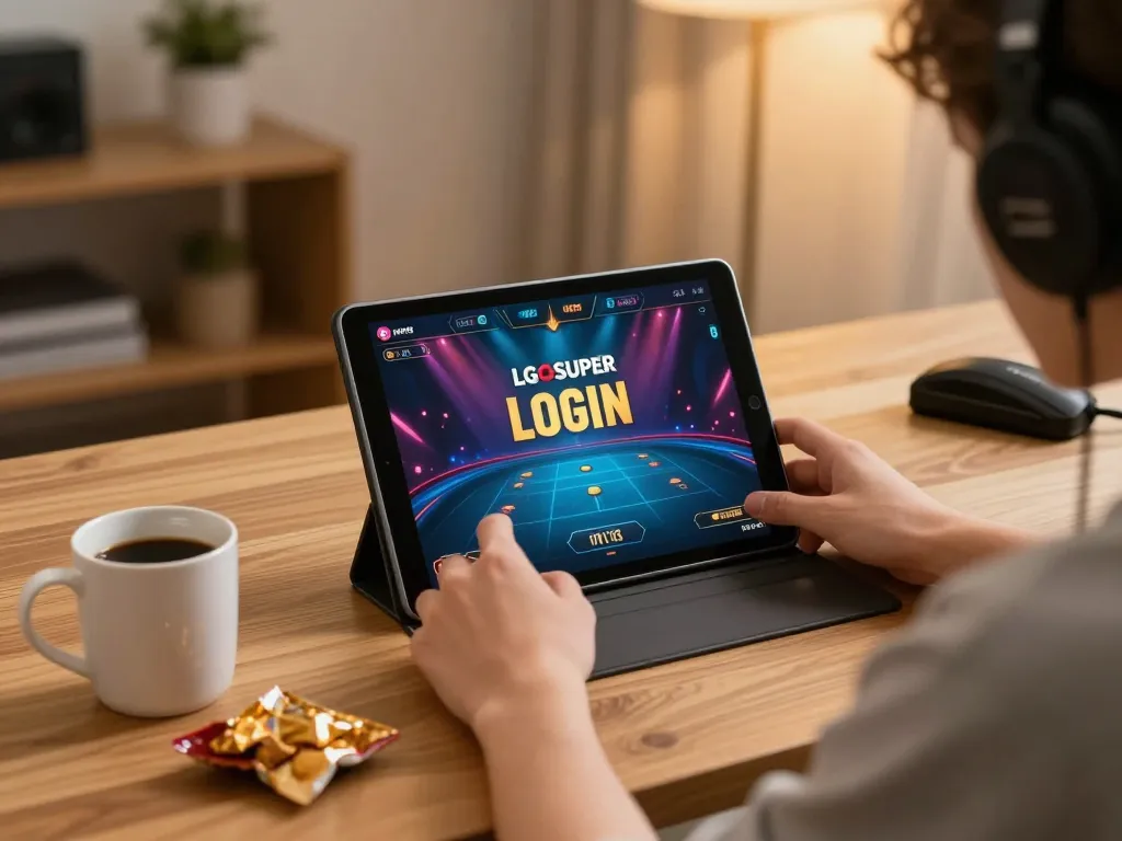 Engaging with LGOSUPER LOGIN on tablet while enjoying a dynamic online gaming session at home.