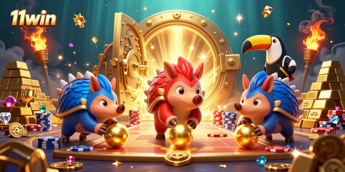 Experience thrilling gameplay at 11win while rival pangolins battle amidst gold and poker chips.