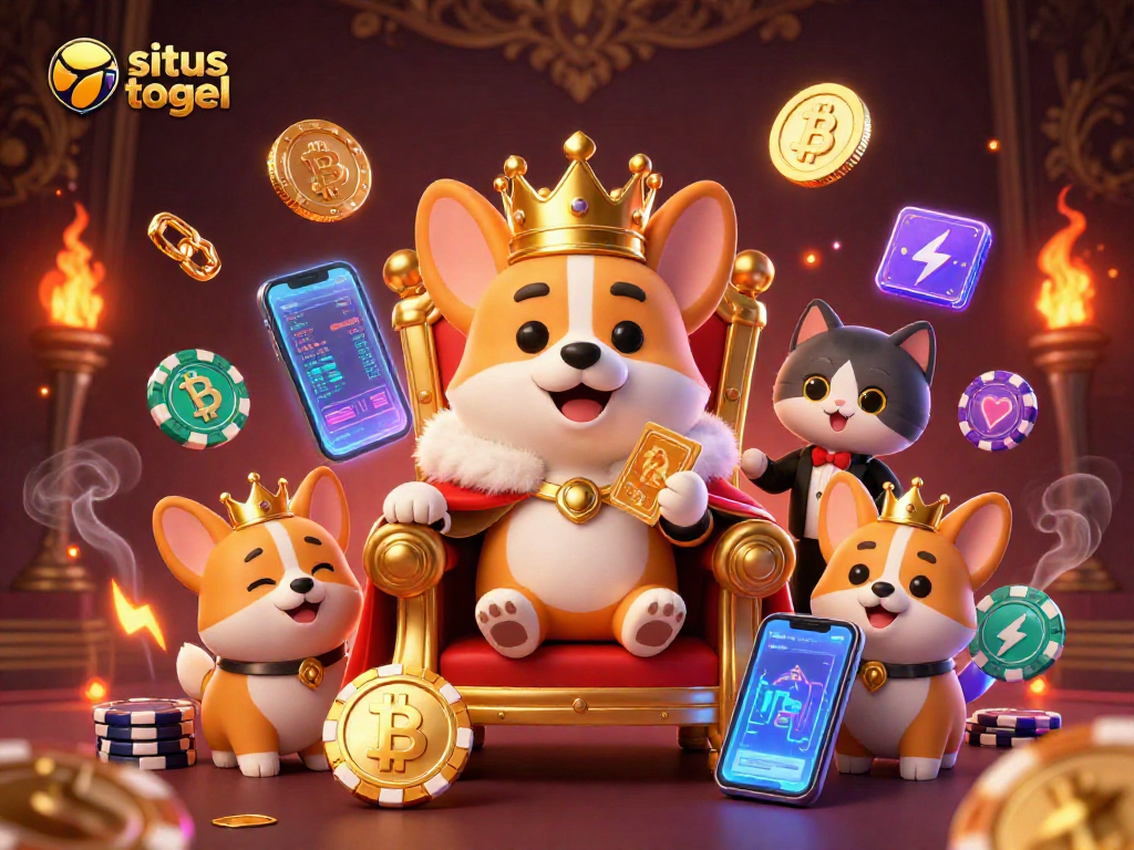 Gambaran situs togel dengan karakter corgi kerajaan bermahkota dan chip poker.