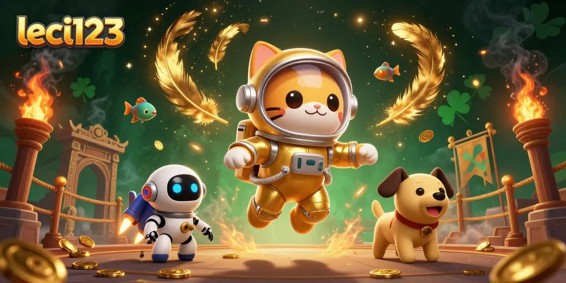 Permainan slot leci123 yang seru dengan kucing astronot dan anjing robot mengapung di ruang angkasa.