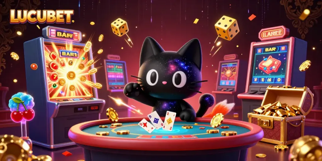 LUCUBET's cosmic casino scene featuring a black hole cat and colorful nebula fox enjoying a jackpot.