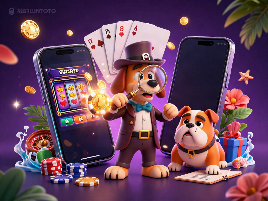 Experience the thrill of BERLINTOTO with a detective dog uncovering poker clues in a lively casino scene.