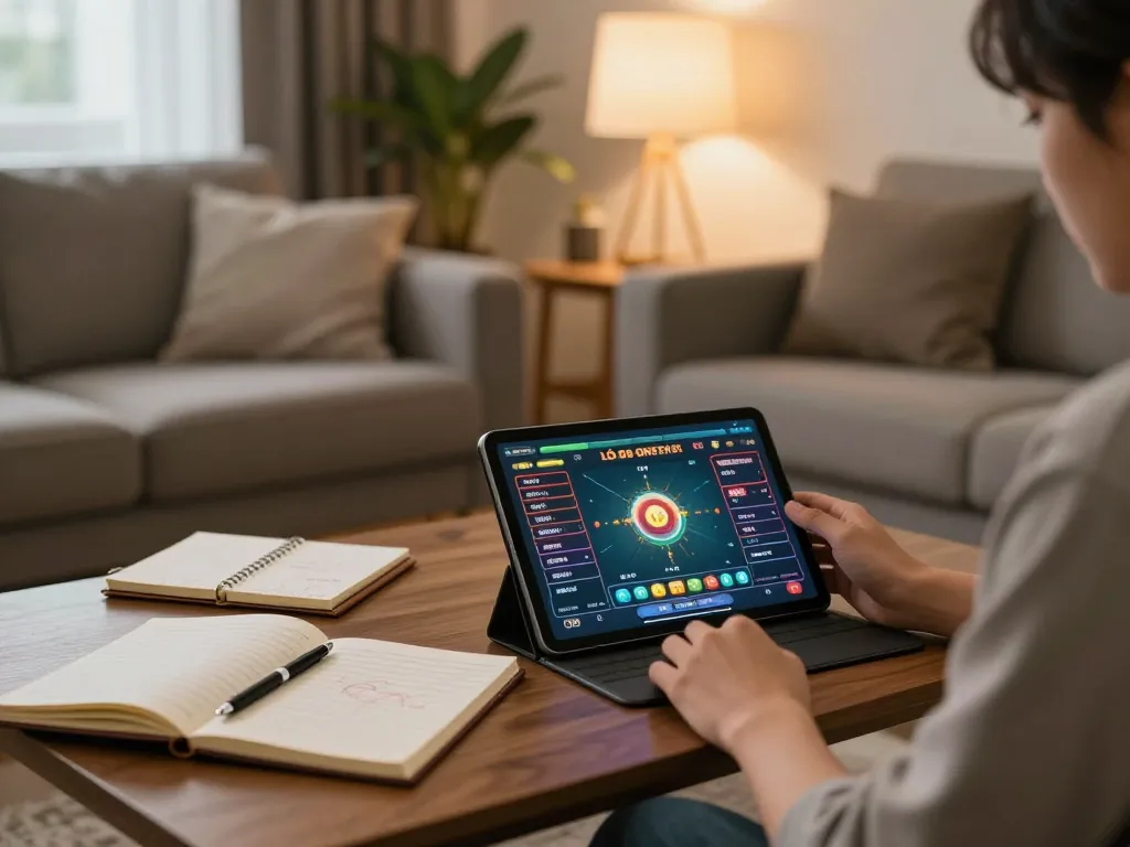 Person playing lô đề online on a tablet in a cozy living room, surrounded by strategy notes and warm lighting.
