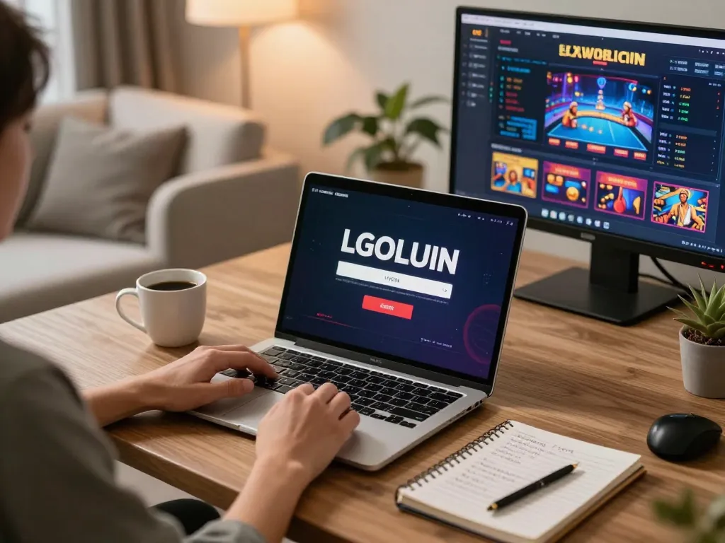 Login to LGOLUX on a stylish laptop while enjoying a cozy home gaming setup.