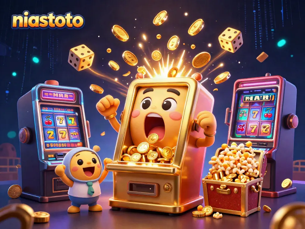 Permainan slot yang mengasyikkan di niastoto dengan mesin slot emas menang hadiah besar yang dikelilingi oleh simbol keberuntungan.