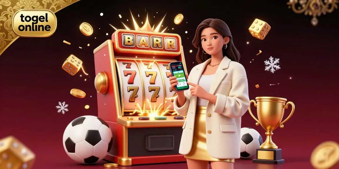Ilustrasi permainan togel online yang menampilkan taruhan olahraga dinamis, elemen kasino yang berwarna-warni, dan energi meriah.