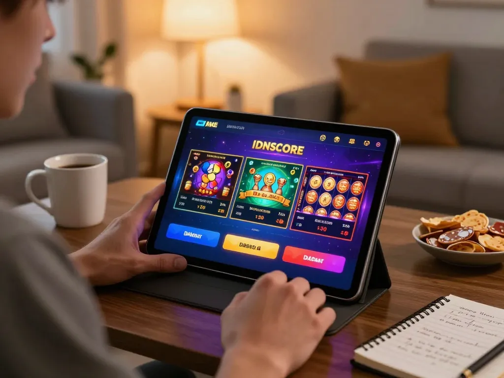 IDNSCORE player engaging with colorful online casino games on a tablet in cozy living room setting.