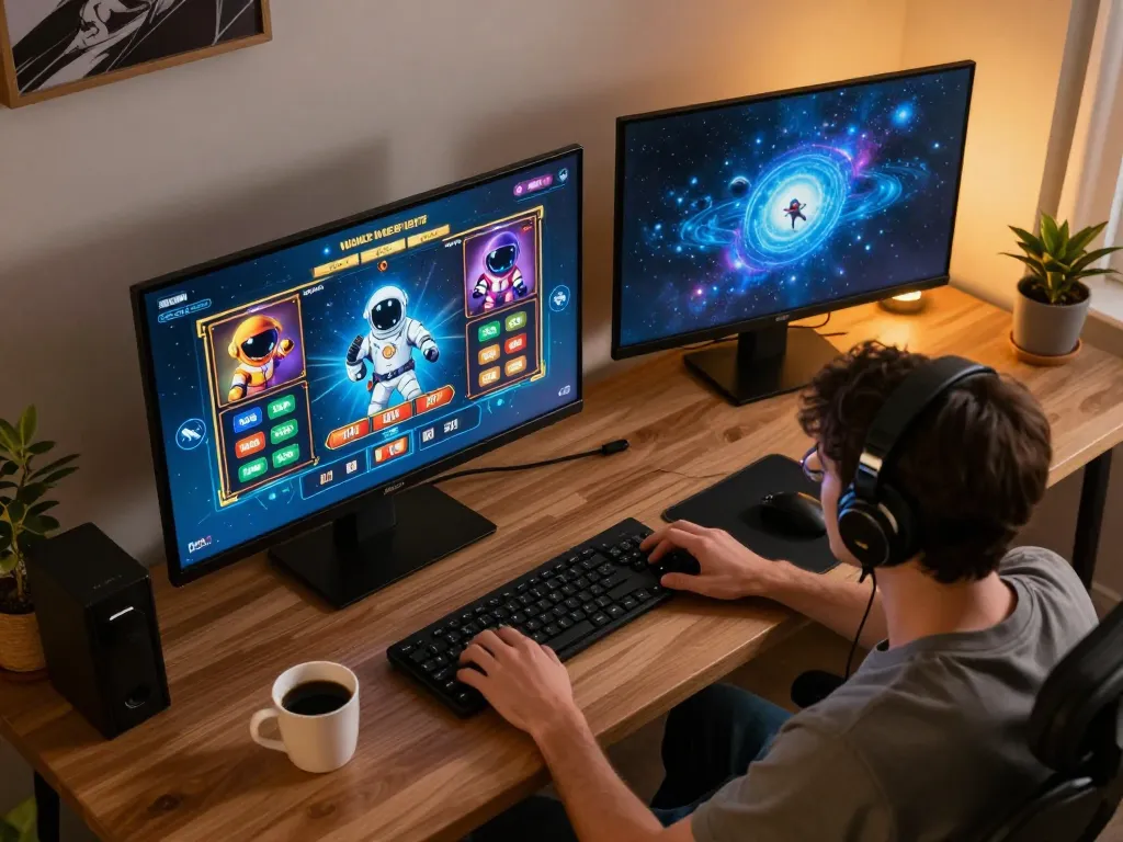 Berinteraksi dengan permainan slot spaceman dalam pengaturan permainan yang nyaman, menampilkan antarmuka taruhan dan grafik yang cerah.