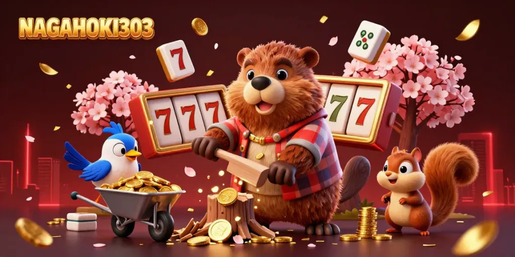 NAGAHOKI303 invites players to enjoy an exciting slots experience with cartoon beavers and golden coins.