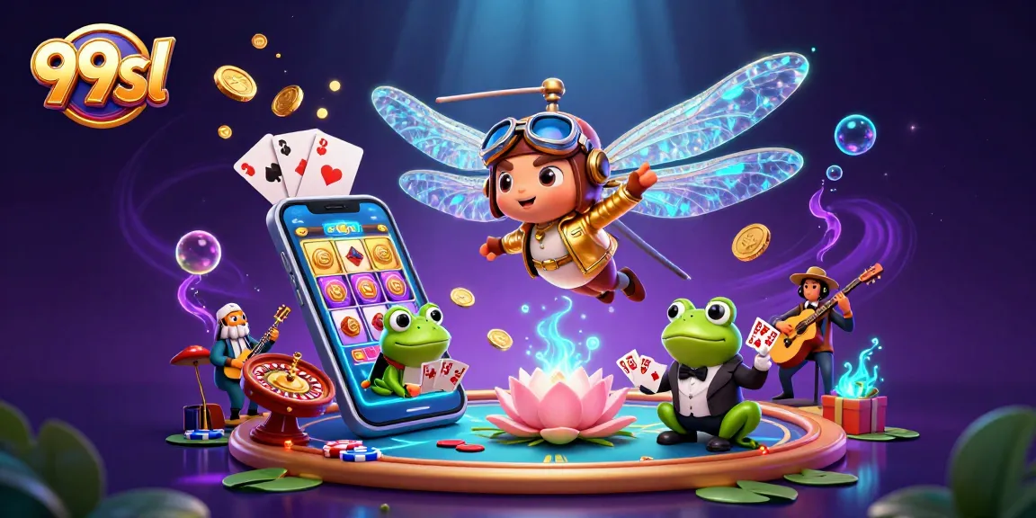 Experience thrilling gameplay at 99sl with a vibrant casino scene featuring dragonfly pilot and frog dealer.