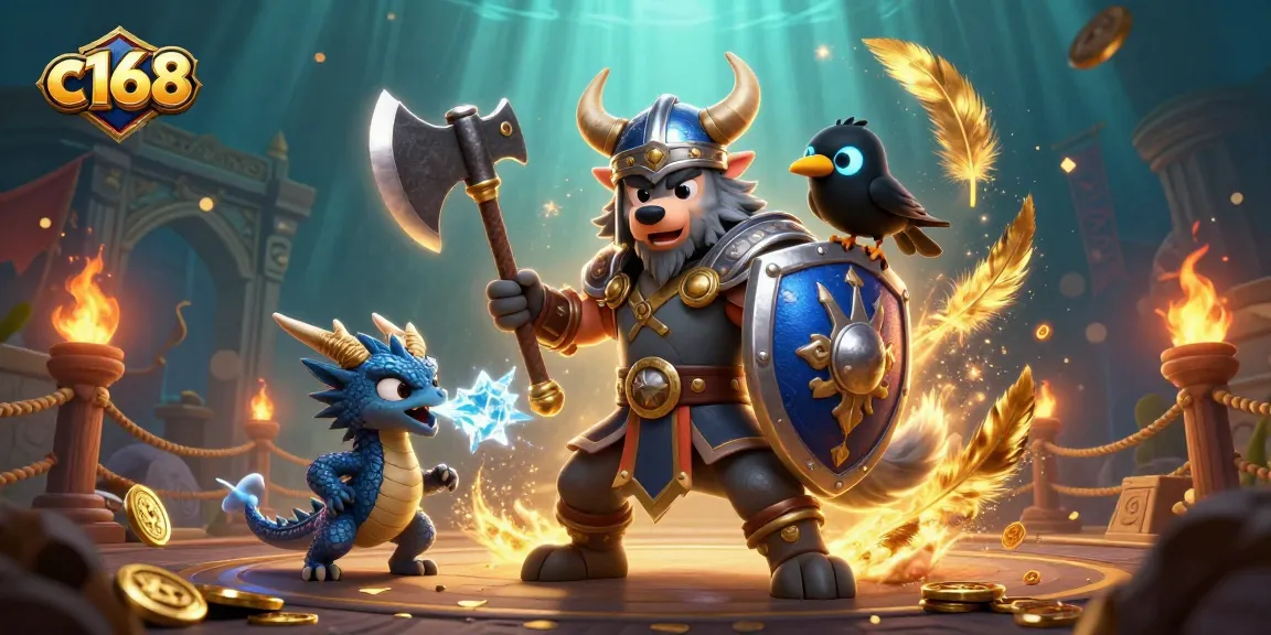 Engage with c168 in this vibrant 3D casino scene featuring heroic characters and casino elements.