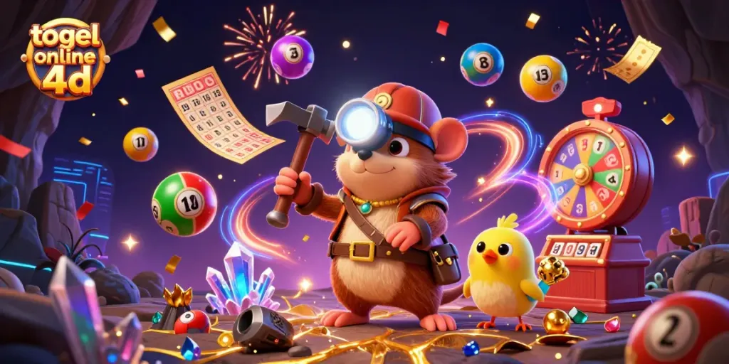 Menghadirkan permainan togel online 4D yang memikat melalui ilustrasi ceria dengan bola lotere berwarna dan keceriaan pesta.