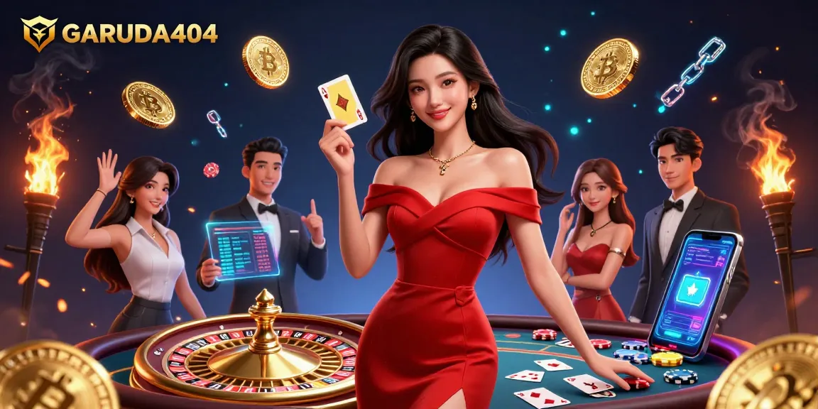 GARUDA404 Casino Game with Asian Woman in Red Gown and Golden Roulette Wheel Illustration