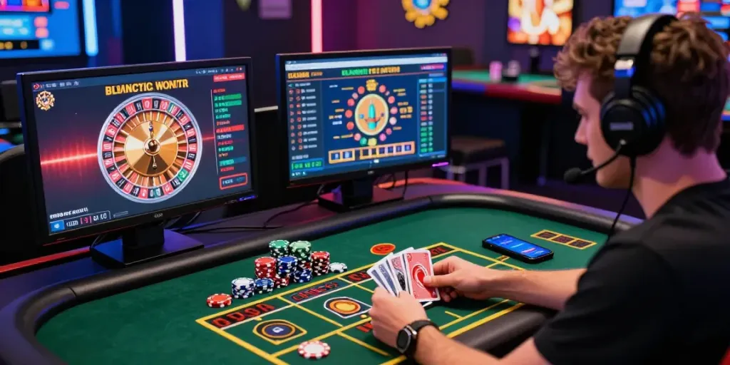 Engaged player at Seributoto's live casino table, vibrant atmosphere with interactive gaming elements.