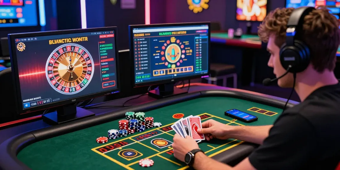 Engaged player at Seributoto's live casino table, vibrant atmosphere with interactive gaming elements.