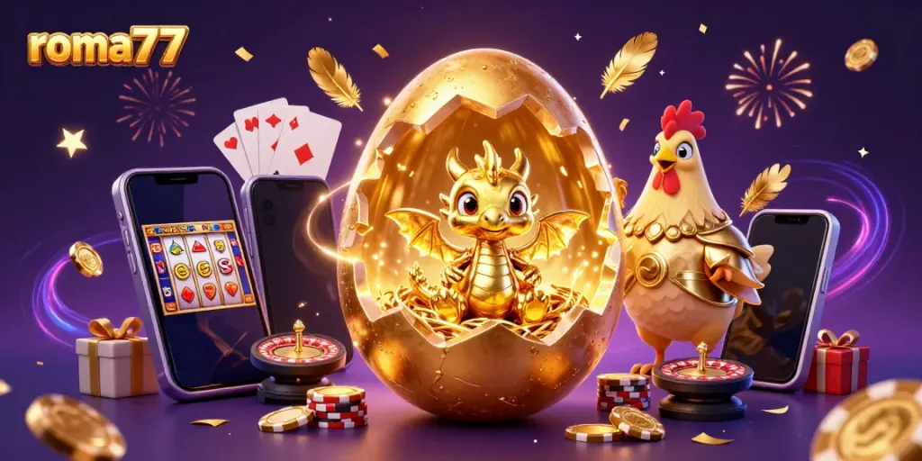 Permainan seru di roma77 dengan naga emas dan chip poker, merayakan keberuntungan