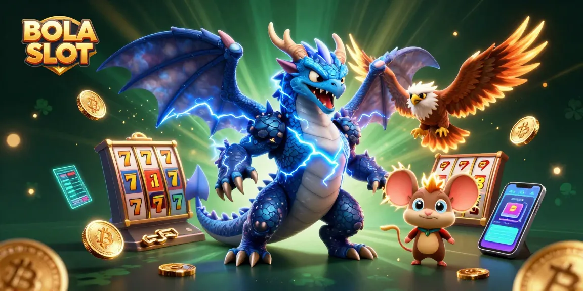 BOLA SLOT offers an electrifying gaming experience with a thunder dragon and coins, highlighting slot jackpots.