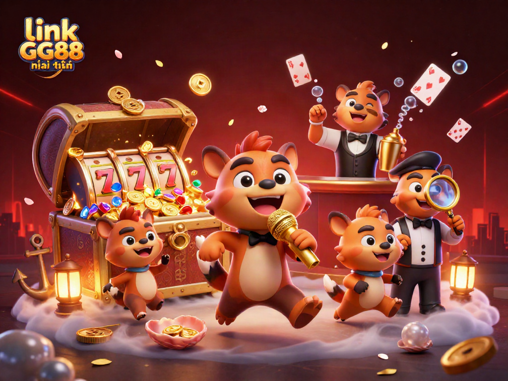Experience the vibrant energy of link GG88 mới nhất at a comedy casino club with lively hyena characters.