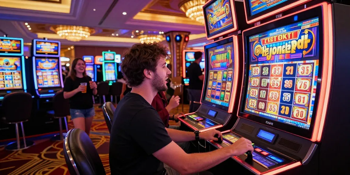 Exciting slot gaming moment in a lively casino atmosphere with players and colorful machines.