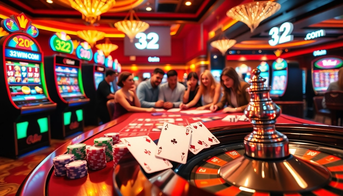 Experience the thrill of gambling at 32win.com with vibrant slot machines and poker tables.