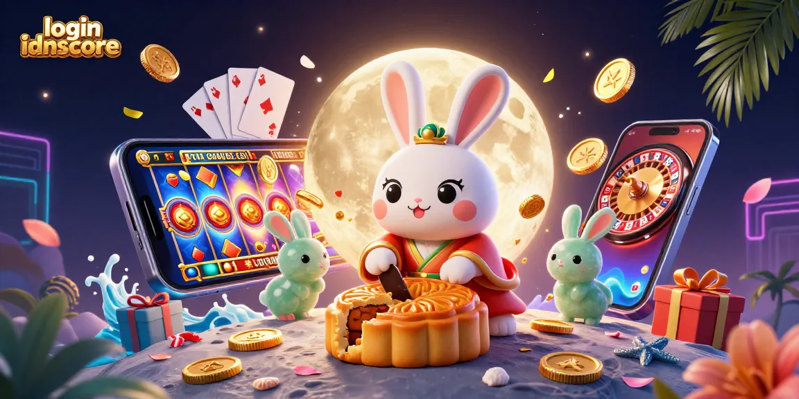 Engage in thrilling gaming with login idnscore, featuring a playful moon rabbit and dynamic casino elements.