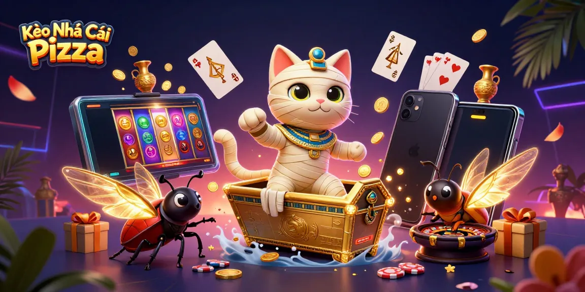 Experience thrilling gaming with Kèo Nhà Cái Pizza as the Egyptian mummy cat bursts from its sarcophagus surrounded by casino excitement.