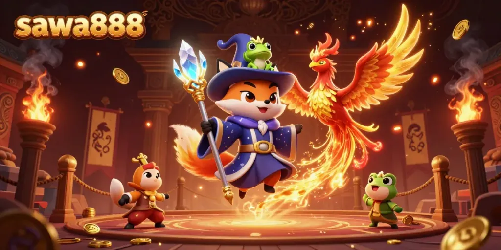 Experience thrilling gameplay with SAWA888's colorful casino magic, featuring a wizard fox and a phoenix.