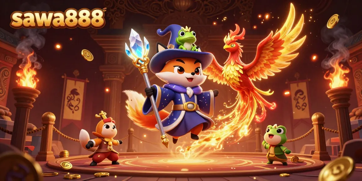 Experience thrilling gameplay with SAWA888's colorful casino magic, featuring a wizard fox and a phoenix.