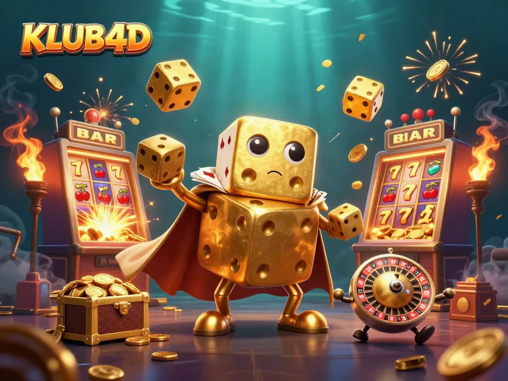 KLUB4D mempersembahkan ilustrasi kasino 3D penuh warna dengan karakter beruntung dan elemen permainan menarik.
