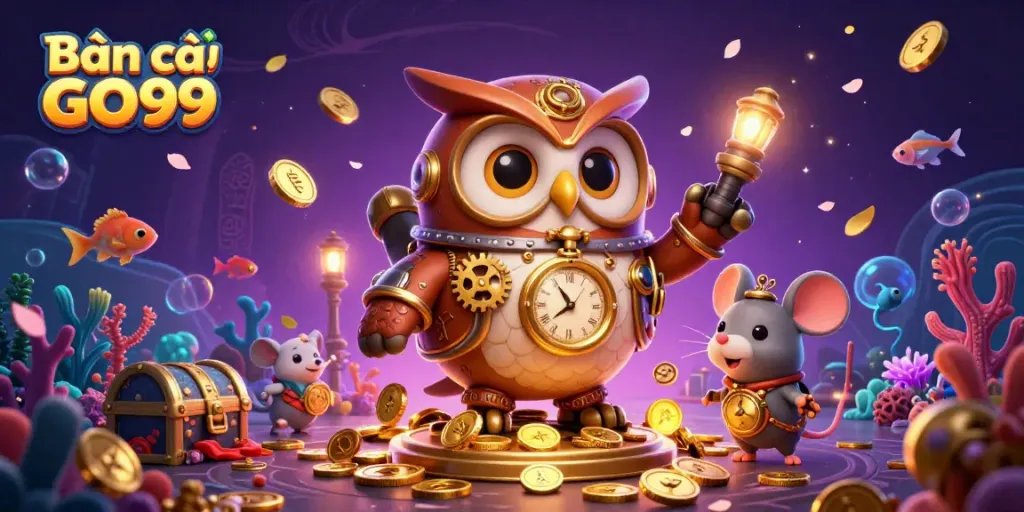 Engage in Bắn cá GO99 with dynamic underwater adventure featuring a steampunk owl and treasures.