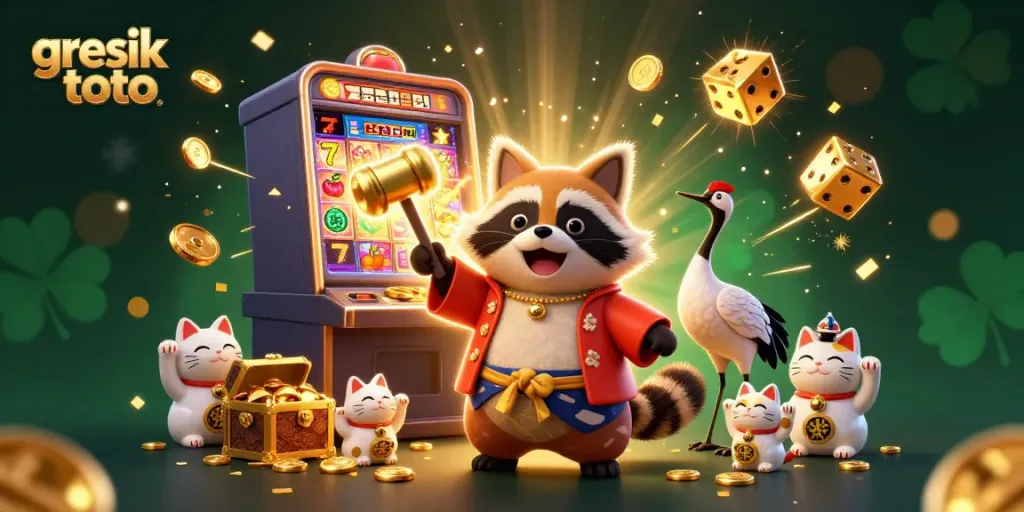 Engage with gresik toto's immersive gaming experience featuring a colorful tanuki and dynamic casino elements.