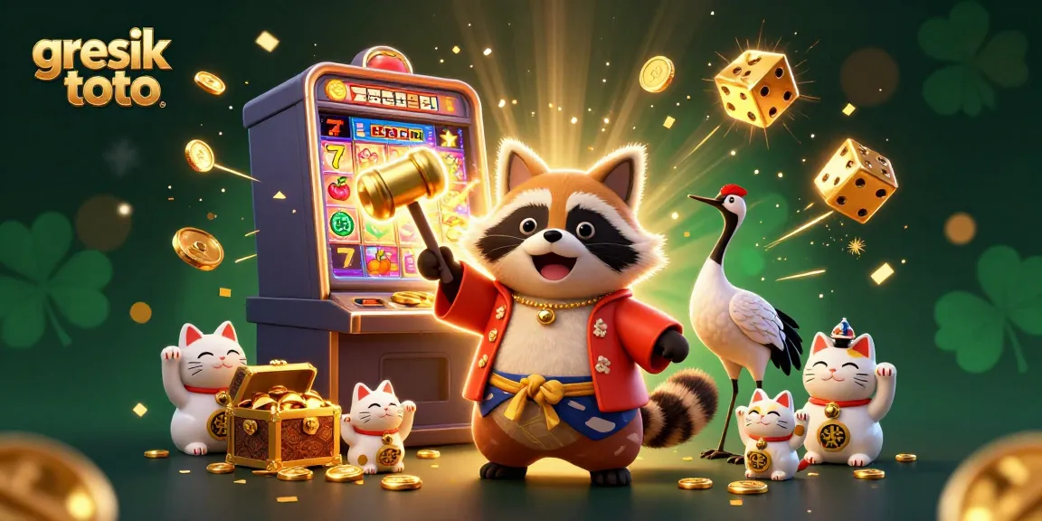 Engage with gresik toto's immersive gaming experience featuring a colorful tanuki and dynamic casino elements.