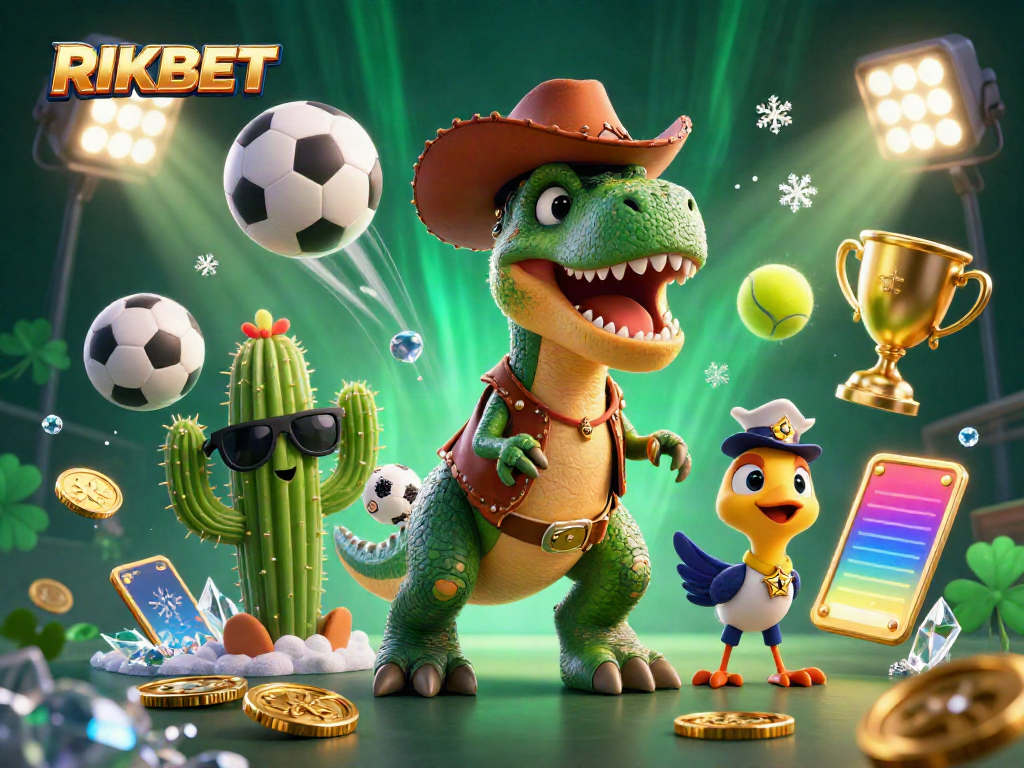 Engaging RIKBET themed illustration with a cowboy dinosaur, cactus, and roadrunner showcasing dynamic sports betting excitement.