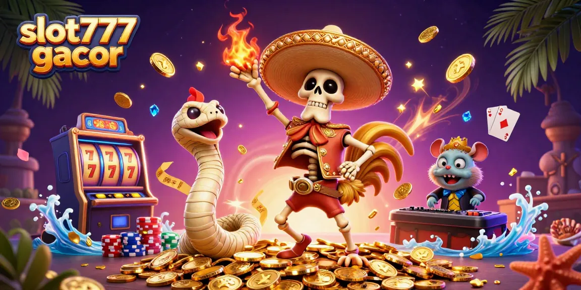 Engage in exciting slot777 gacor gameplay with vibrant slot reels, colorful chips, and festive characters.