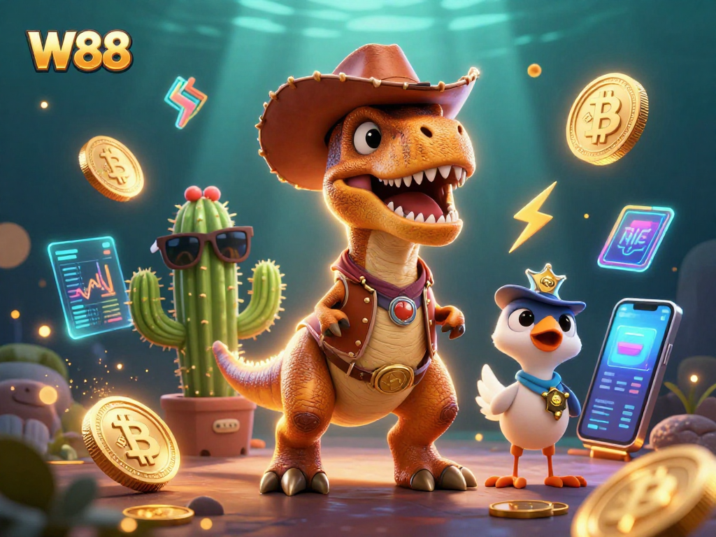 Engage with W88's vibrant online casino world featuring interactive gaming characters and crypto elements.