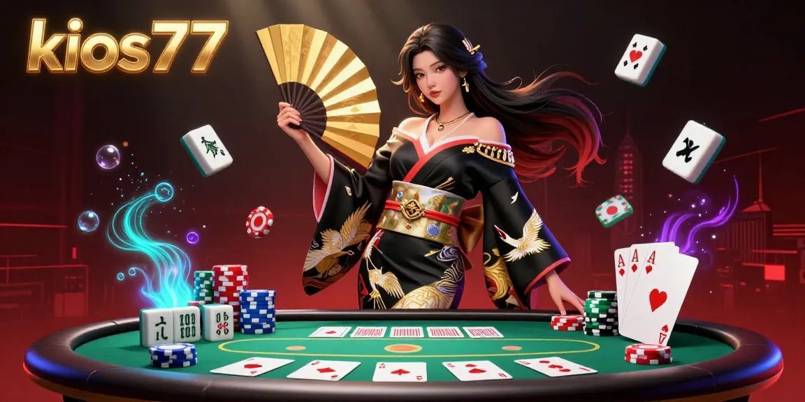 Engaging poker scene showcasing kios77 with vibrant chips, a royal flush, and an elegant kimono figure.